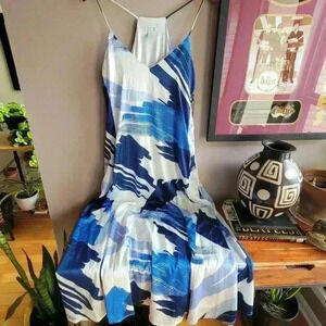 NICOLE MILLER Abstract Print Sleeveless Maxi Dress Medium SilkyBlue White Lined